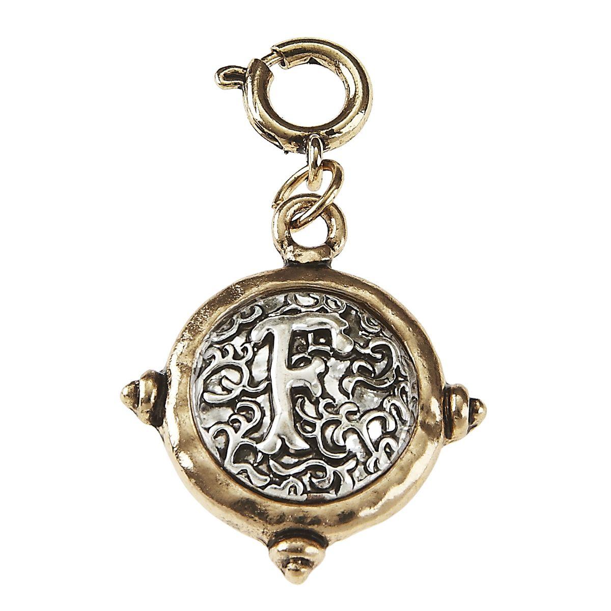 LIGHT ANTIQUE GOLD WAX CASTING WITH LIGHT ANTIQUE FLORAL LETTER F INITIAL CHARM