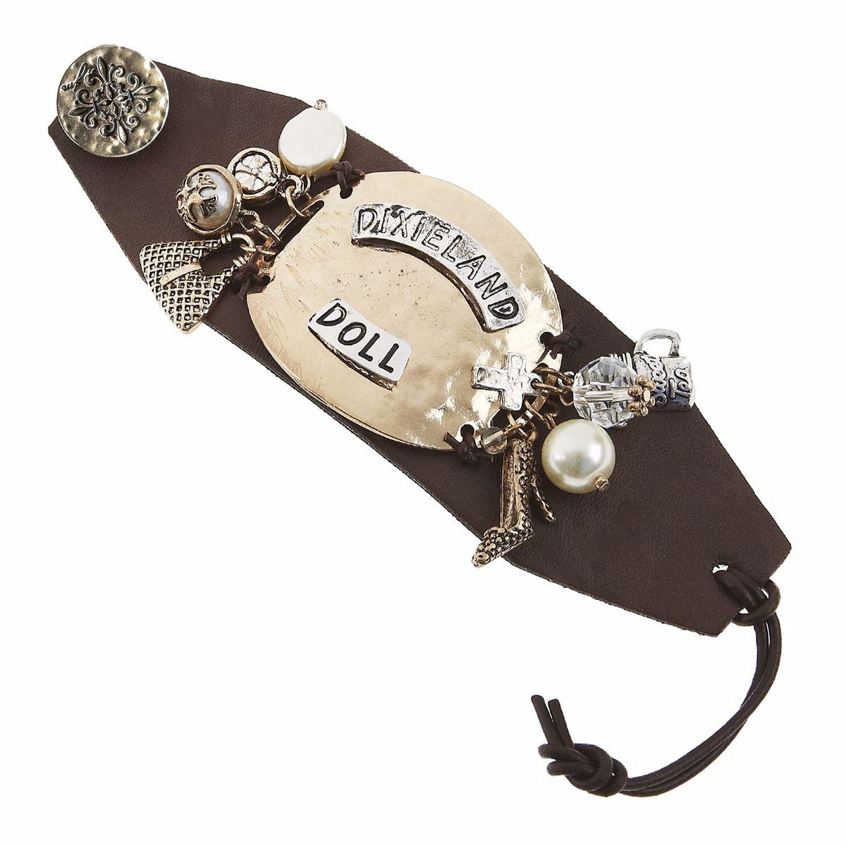 "Dixieland Doll" Wide Leather Charm Bracelet