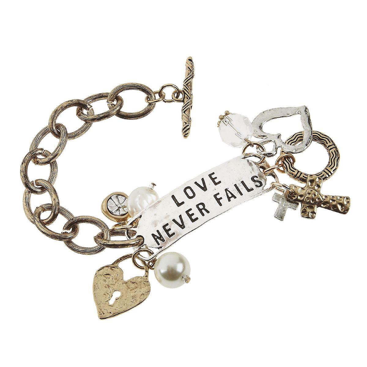 "Love Never Fails" Antique Silver and Antique Gold Id Tag and Chain Charm Bracelet