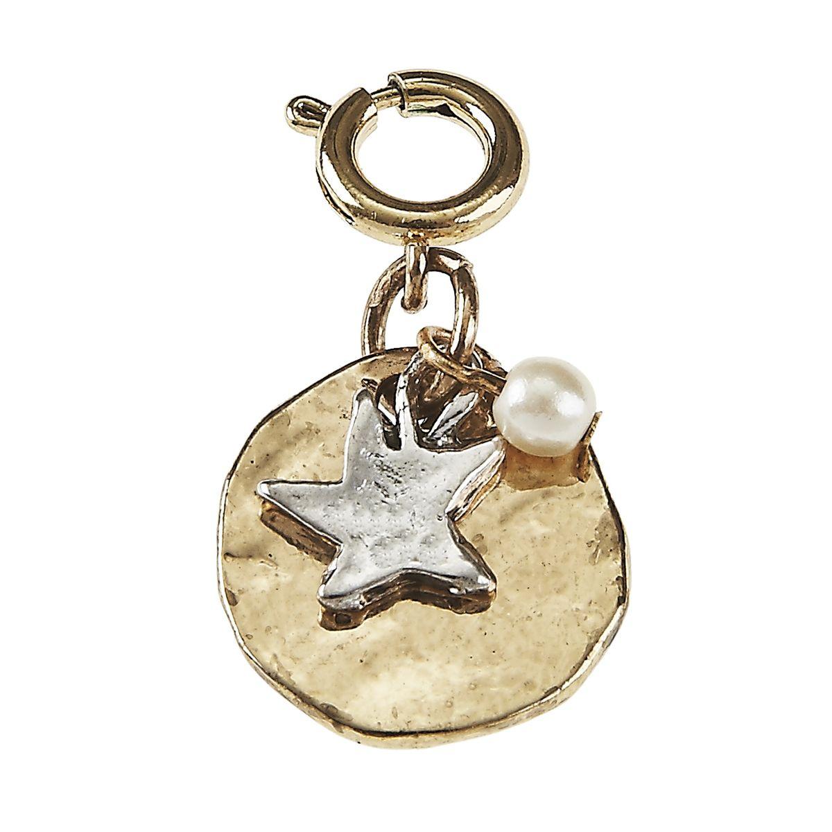 Light Antique Silver And Light Antique Gold Star, Disk, and Ivory Pearl Cluster Charm