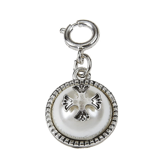 Ivory Pearl Cabochon with Antique Silver Cross Charm