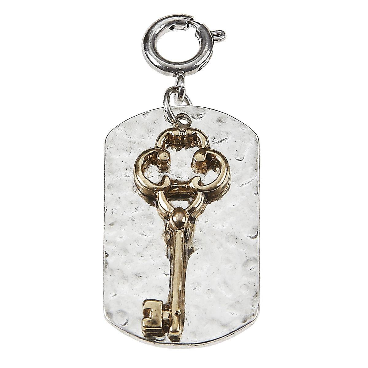 Antique Gold Key On Silver Dog Tag Charm