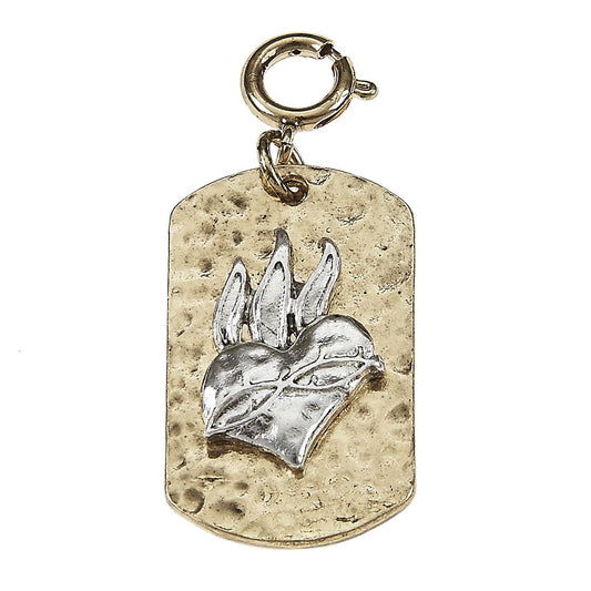 Antique Silver Sacred Heart On Antique Gold Dog Tag Charm