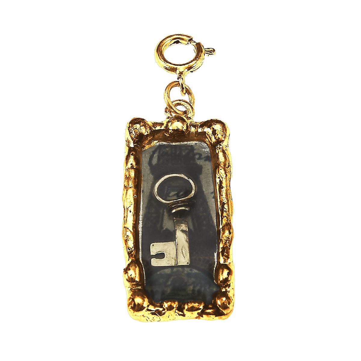 Key and French Words Antique Gold Rectangle Epoxy Charm