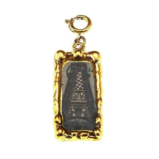 Eiffel Tower and French Words Antique Gold Rectangle Epoxy Charm