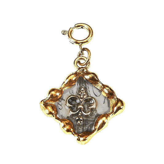 Fleur De Lis and French Words Square Antique Gold Epoxy Charm