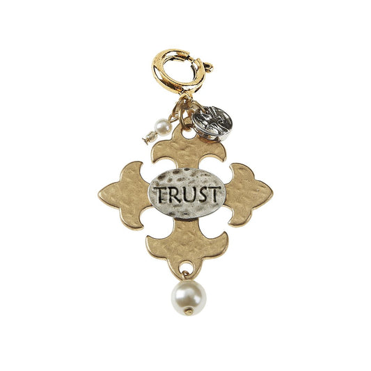 "Trust" Square Hammered Cross with Ivory Pearl Charm