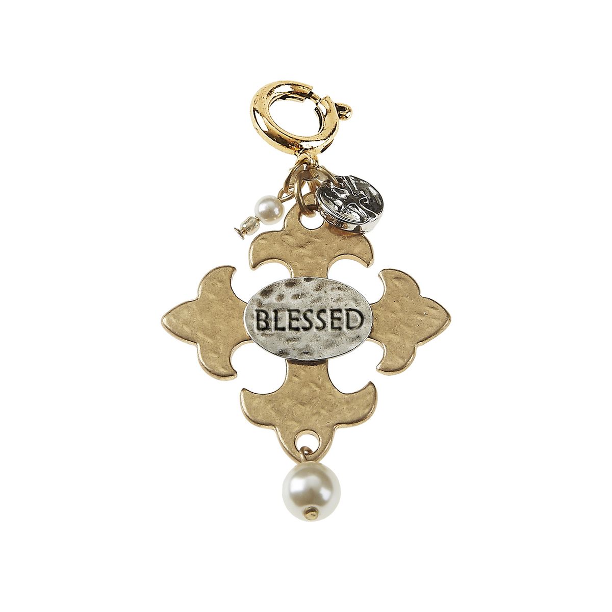 "Blessed"square Hammered Cross with Ivory Pearl Charm