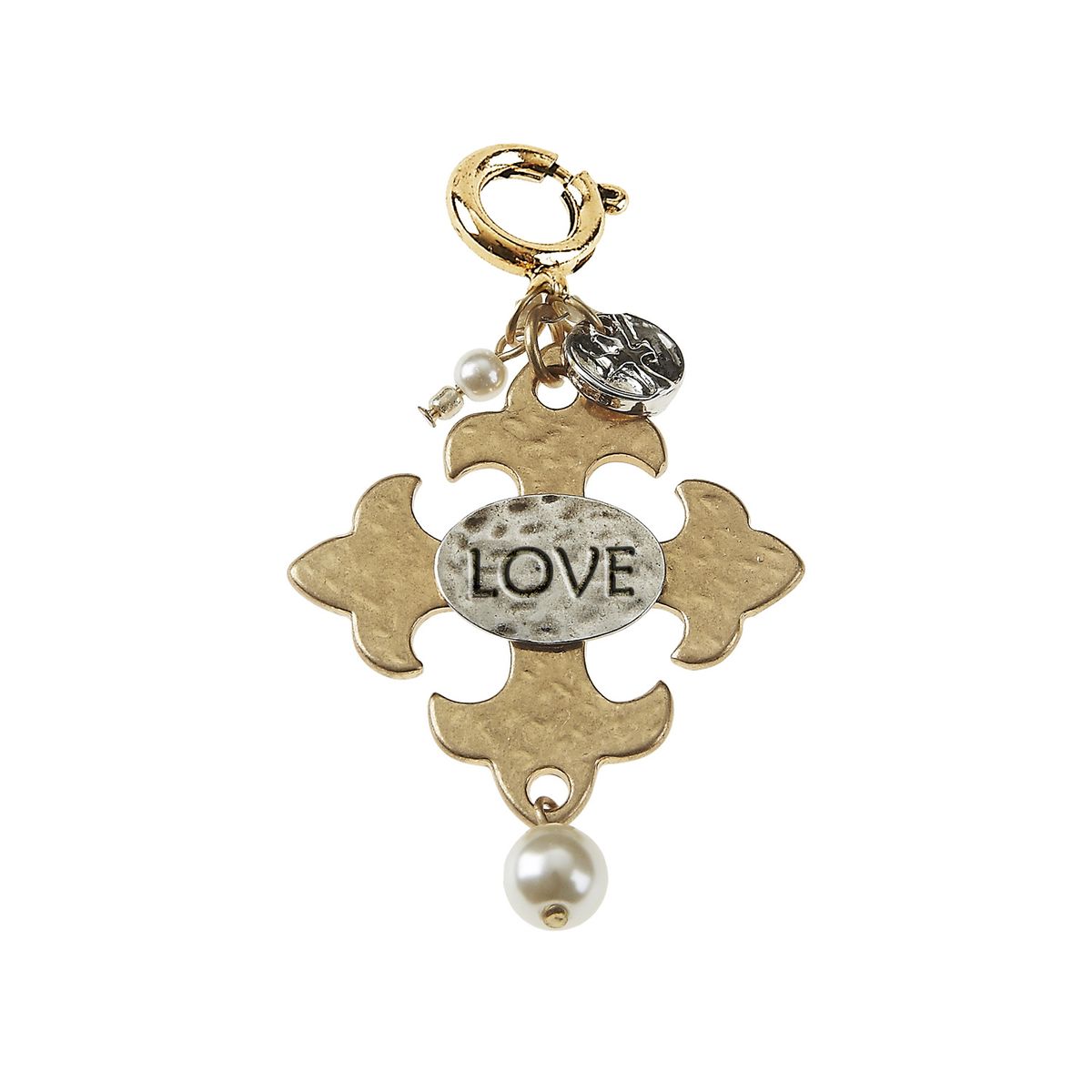 "Love" Square Hammered Cross with Ivory Pearl Charm