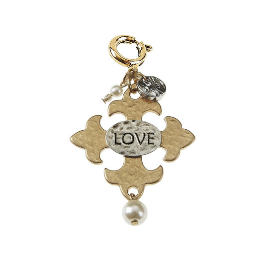 "Love" Square Hammered Cross with Ivory Pearl Charm