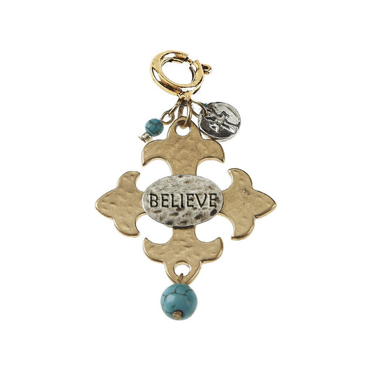 "Believe" Square Hammered Cross with Turquoise Bead Charm