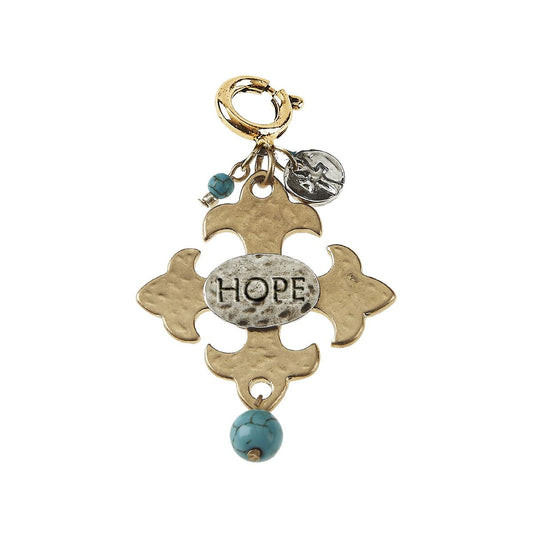 "Hope" Square Hammered Cross with Turquoise Bead Charm