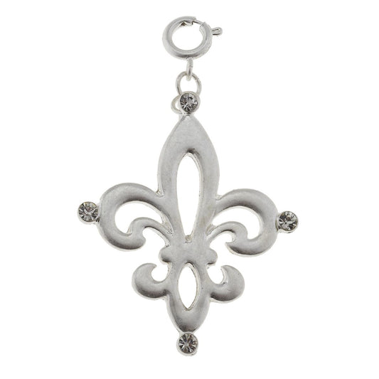 Antique Silver Fleur De Lis with Rhinestone Corners Charm