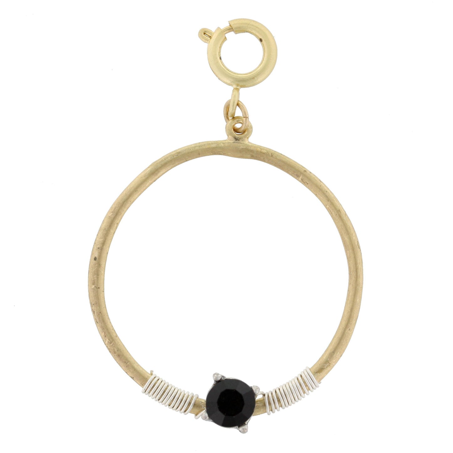 Gold Circle with Silver Wire Wrapped and Encrusted Flat Black Rhinestone Charm