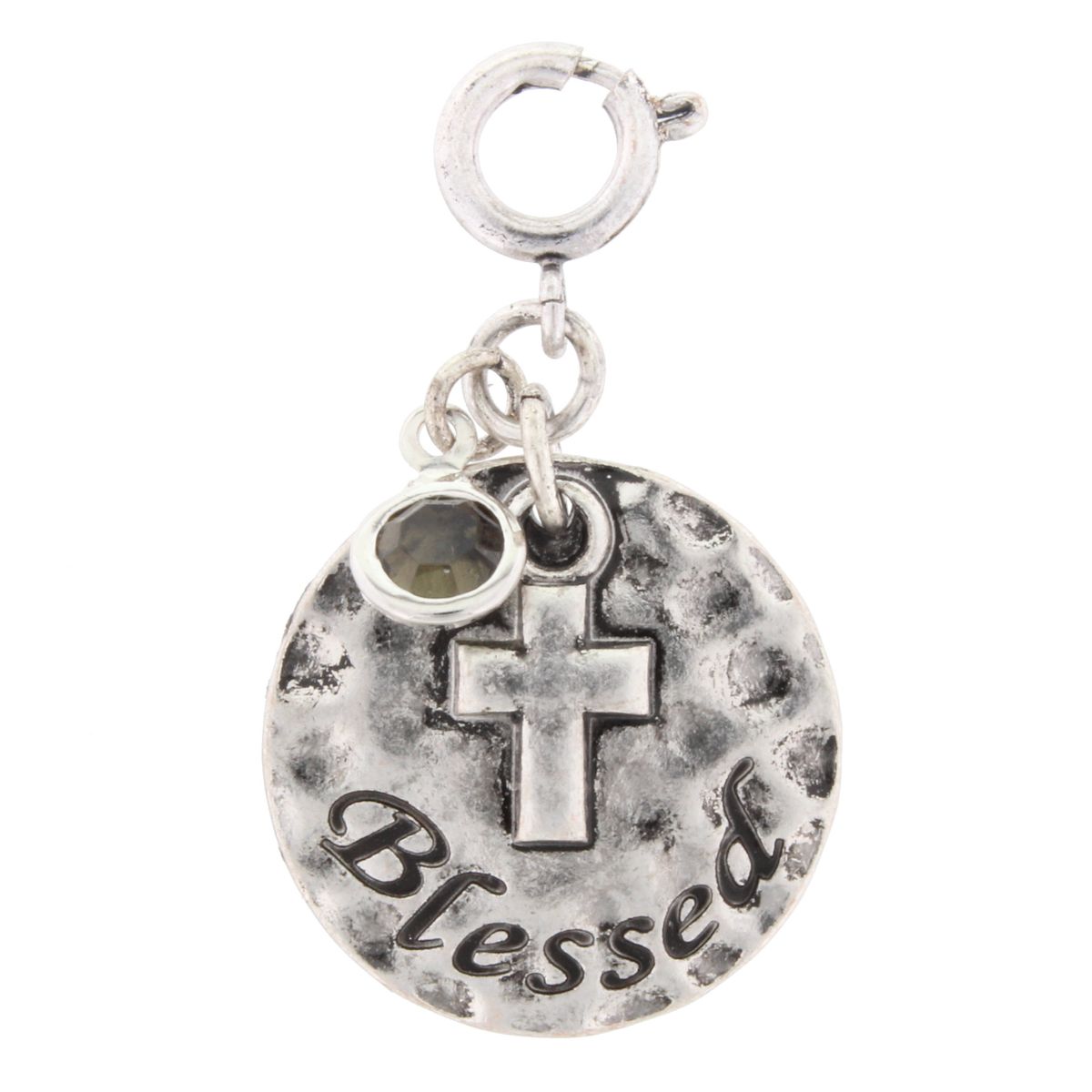 Silver "Blessed" Stamped Charm with Black Diamond Dangle