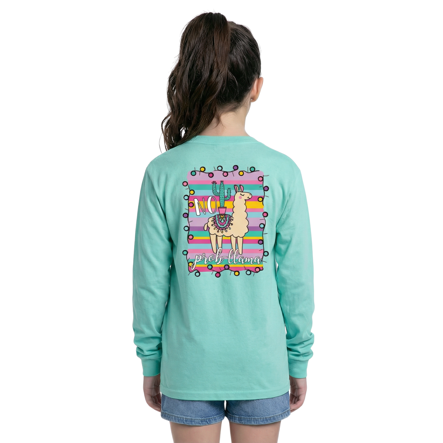 Kids No Probllama Long Sleeve T-Shirt - Seafoam Crew Neck Cotton Tee