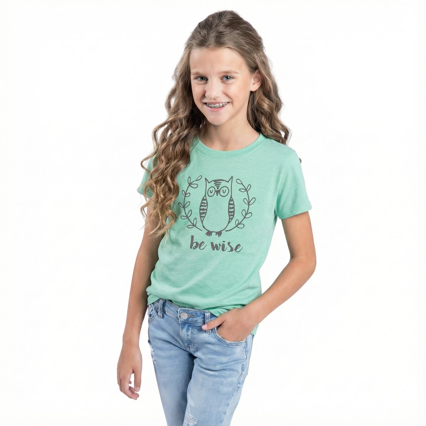 Kids Be Wise Mint Crew Neck T-Shirt - Comfortable Girls Graphic Tee