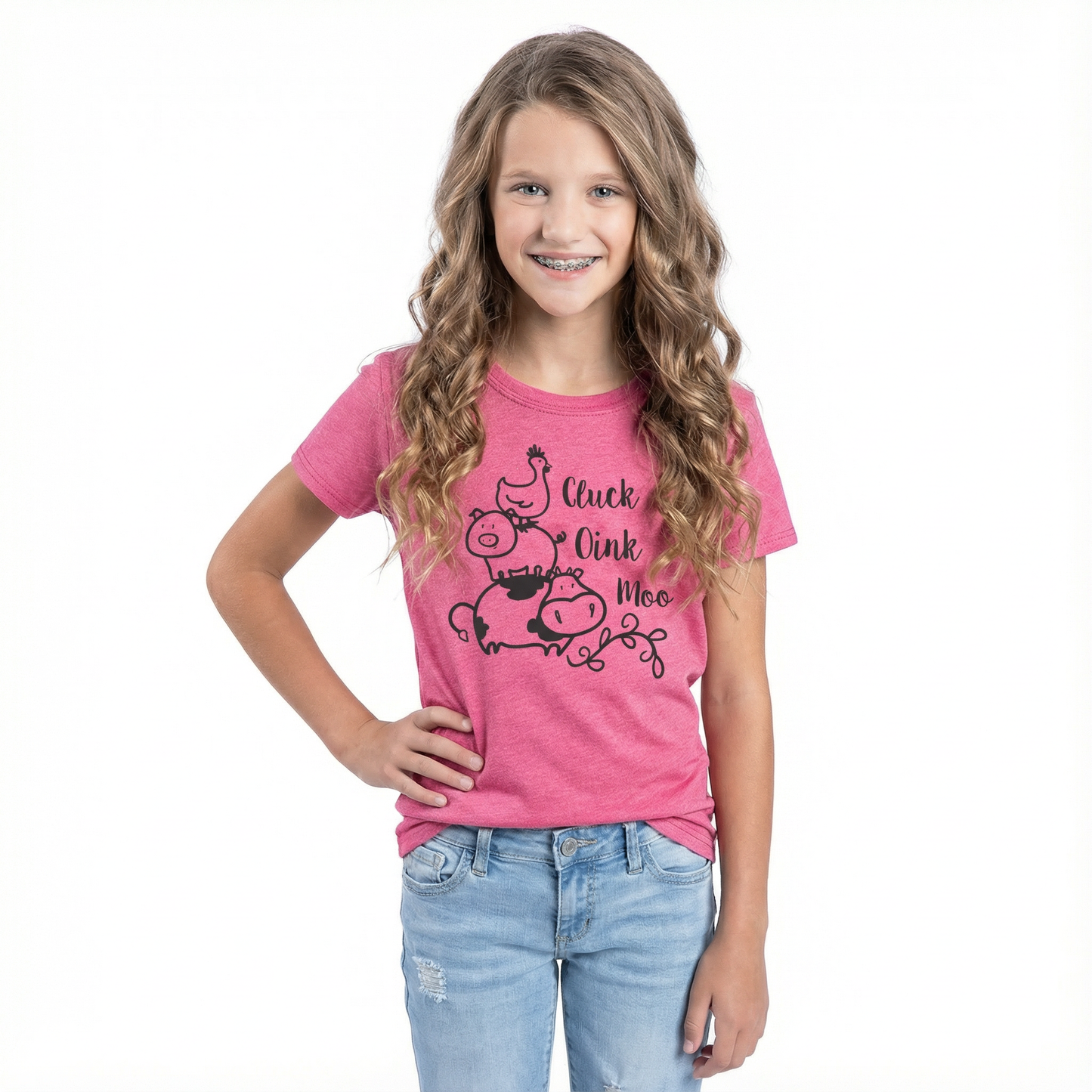 Kids Cluck Oink Moo Farm Animal T-Shirt - Raspberry Crew Neck