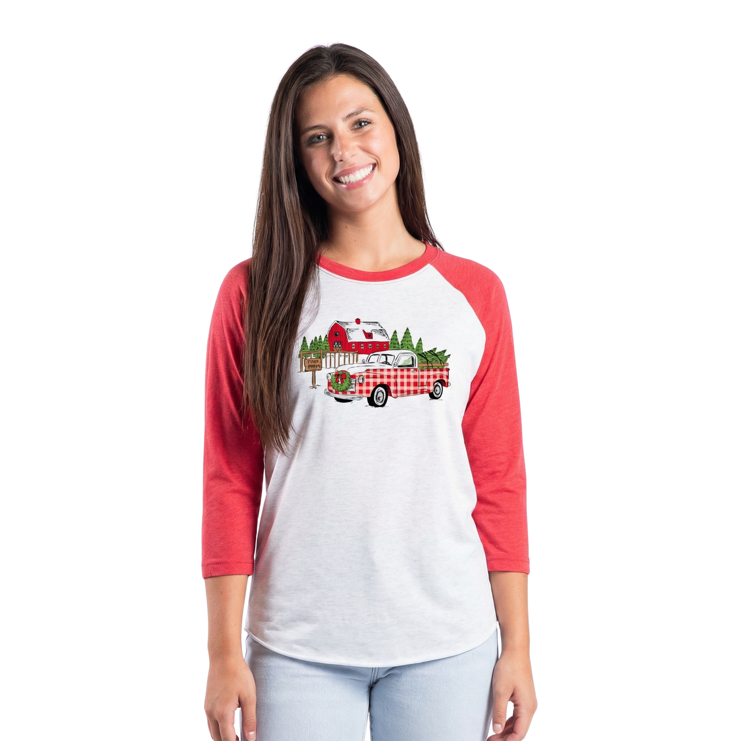 Gingham Truck Christmas 3/4 Sleeve T-Shirt