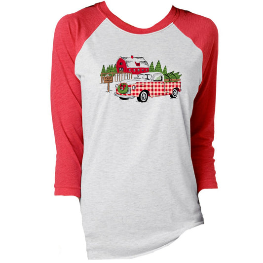 Gingham Truck Christmas 3/4 Sleeve T-Shirt M