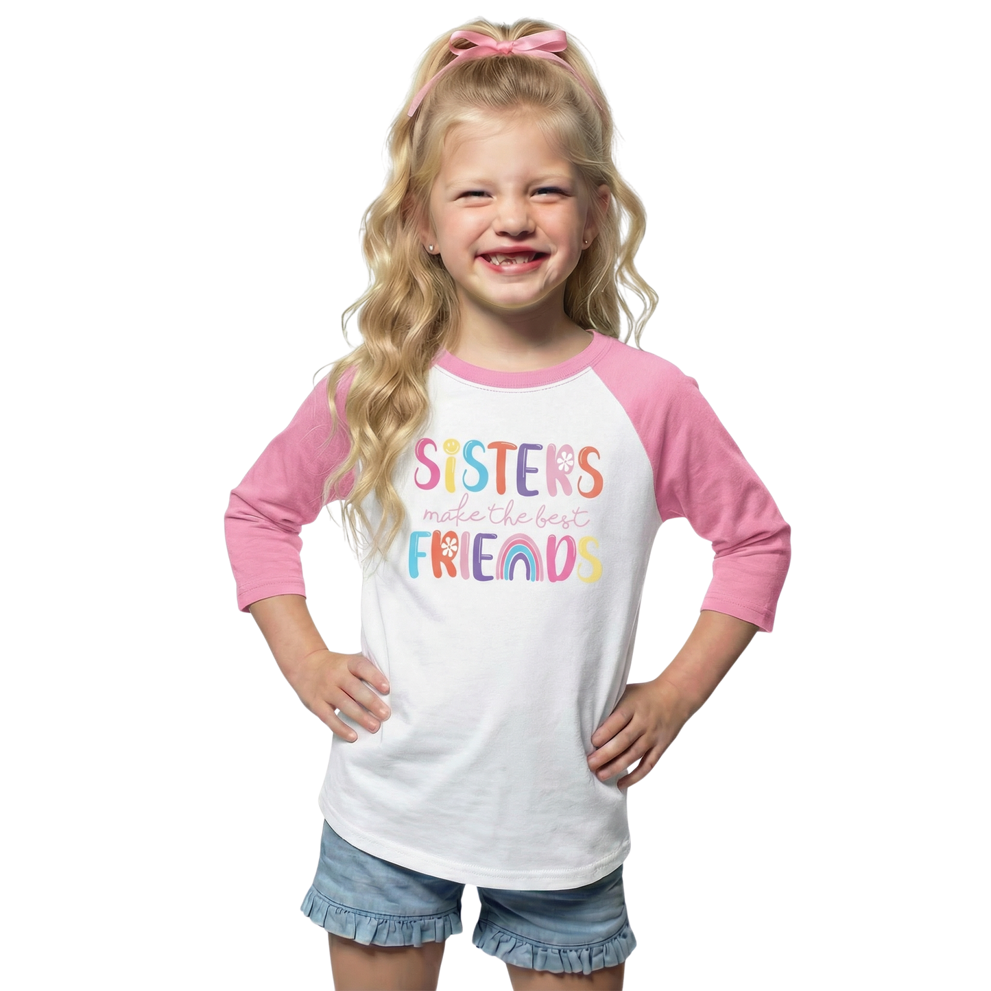 Kids Sisters Make The Best Friends 3/4 Sleeve T-Shirt - Vintage Pink & White
