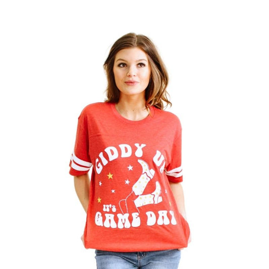 Giddy Up It's Gameday Vintage Red Athletic Stripe T-Shirt 2XL
