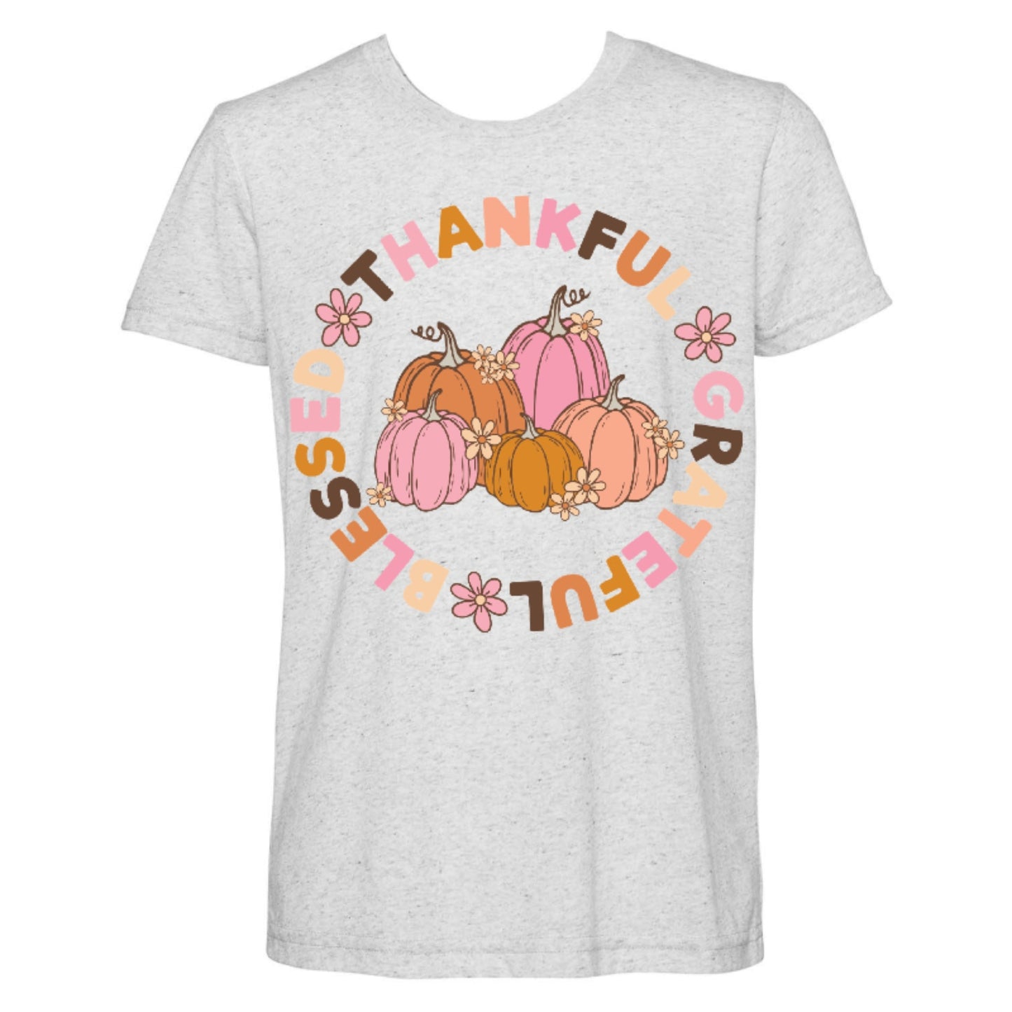 Kids Thankful Grateful Blessed Pumpkins Heather White T-Shirt L