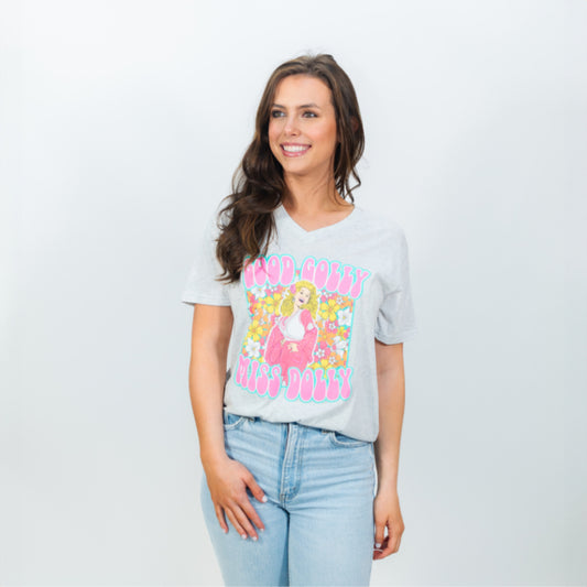 Good Golly Miss Dolly Heather White V-Neck T-Shirt