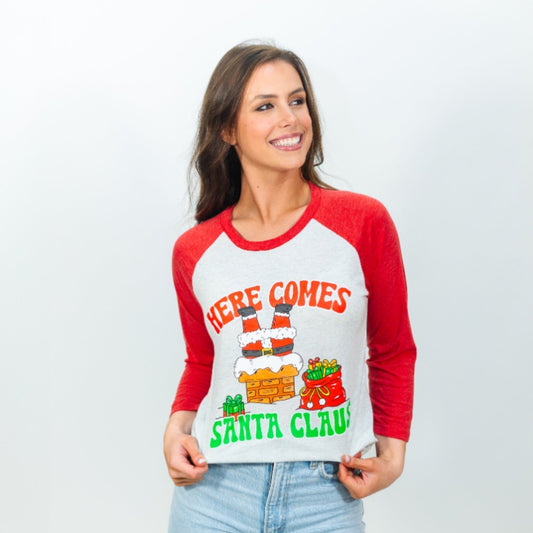 Here Comes Santa Claus Crew Neck 3/4 Sleeve T-Shirt
