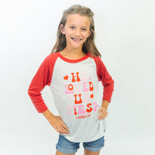 Kids He Loved Us First Crew Neck 3/4 Sleeve T-Shirt XL