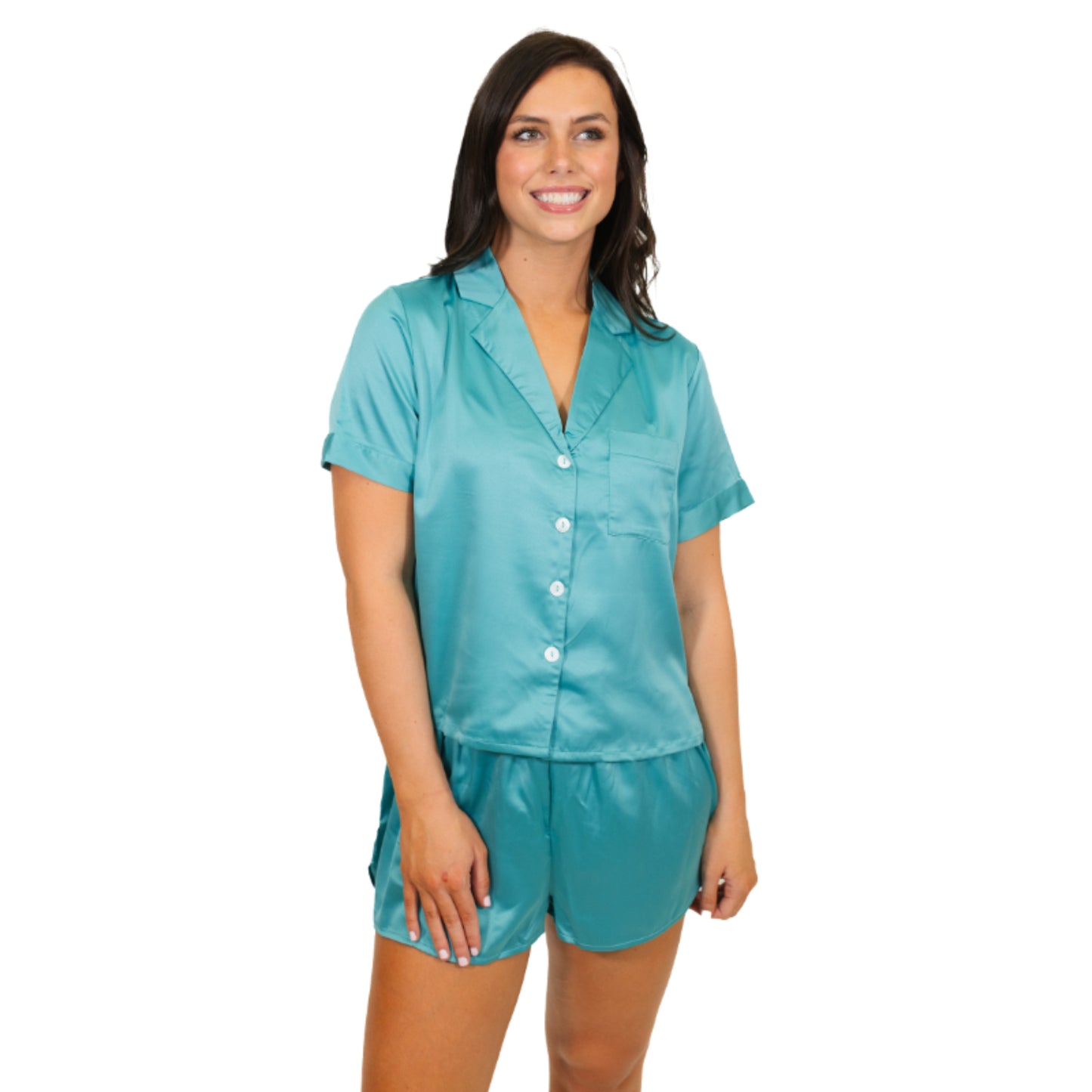 Here's the Deal, Teal Satin Pajama Short Set