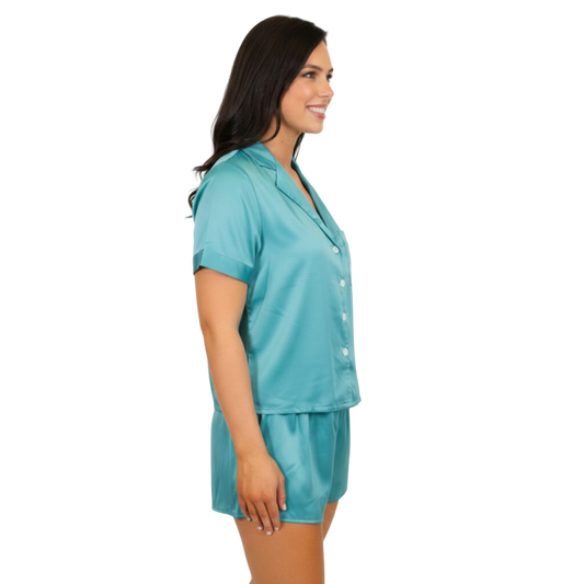 Here's the Deal Teal Satin Pajama Short Set - Luxe Sleepwear