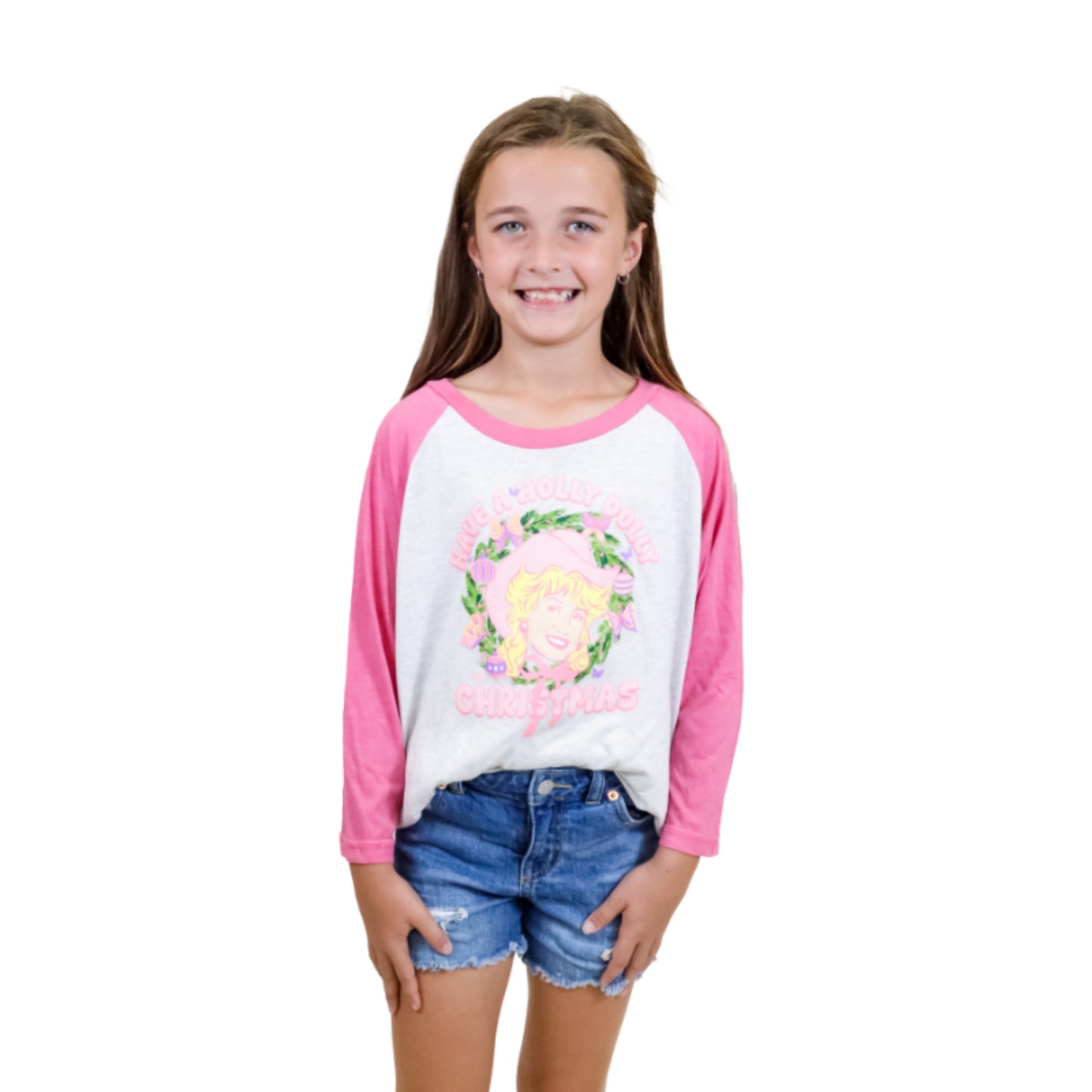 Kids Have a Holly Dolly Christmas Crew Neck 3/4 Sleeve T-Shirt S