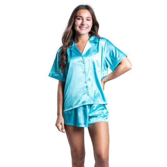 Celestial Blue Satin Pajama Short Set S