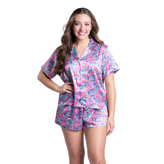 Daring Floral Satin Pajama Short Set S