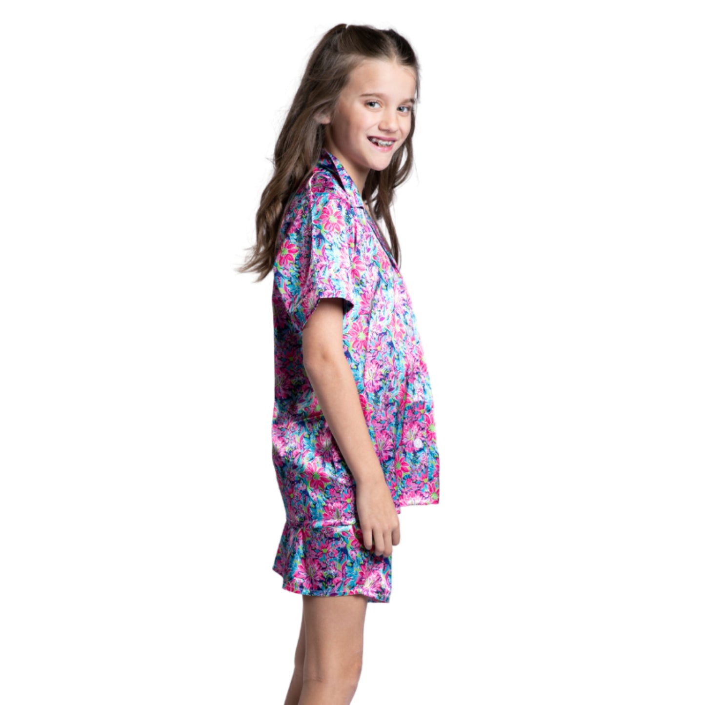 Kids Daring Floral Satin Pajama Short Set S