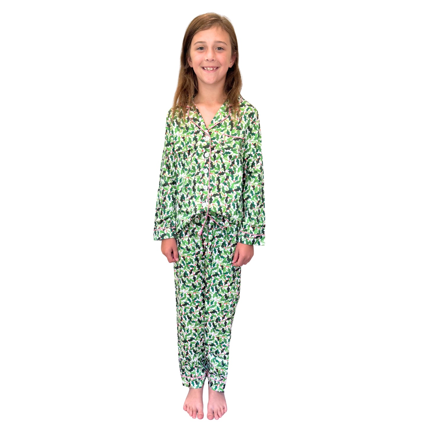 Kids Boughs of Holly Satin Pajama Long Sleeve Set S