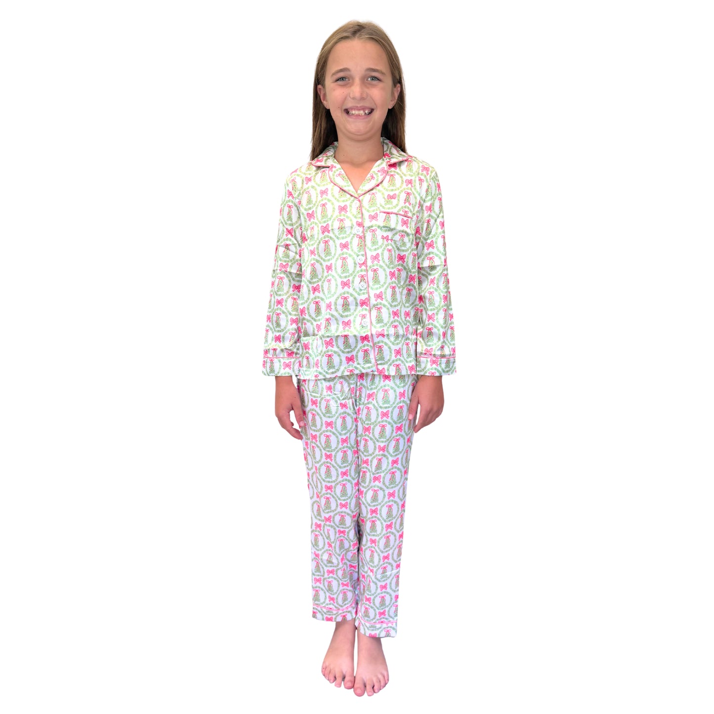 Kids Pink Christmas Cheer Satin Pajama Long Sleeve Set S