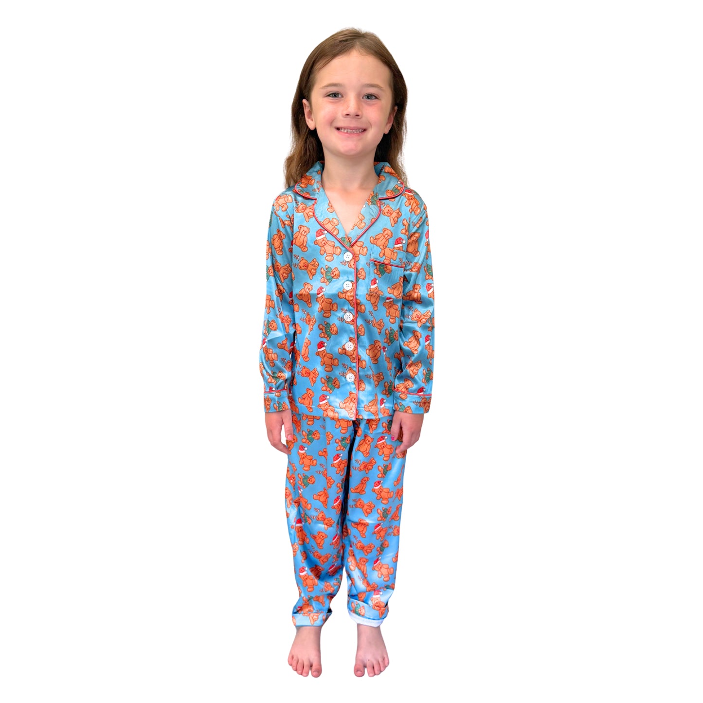 Kids Teddy's Christmas Cheer Satin Pajama Long Sleeve Set S