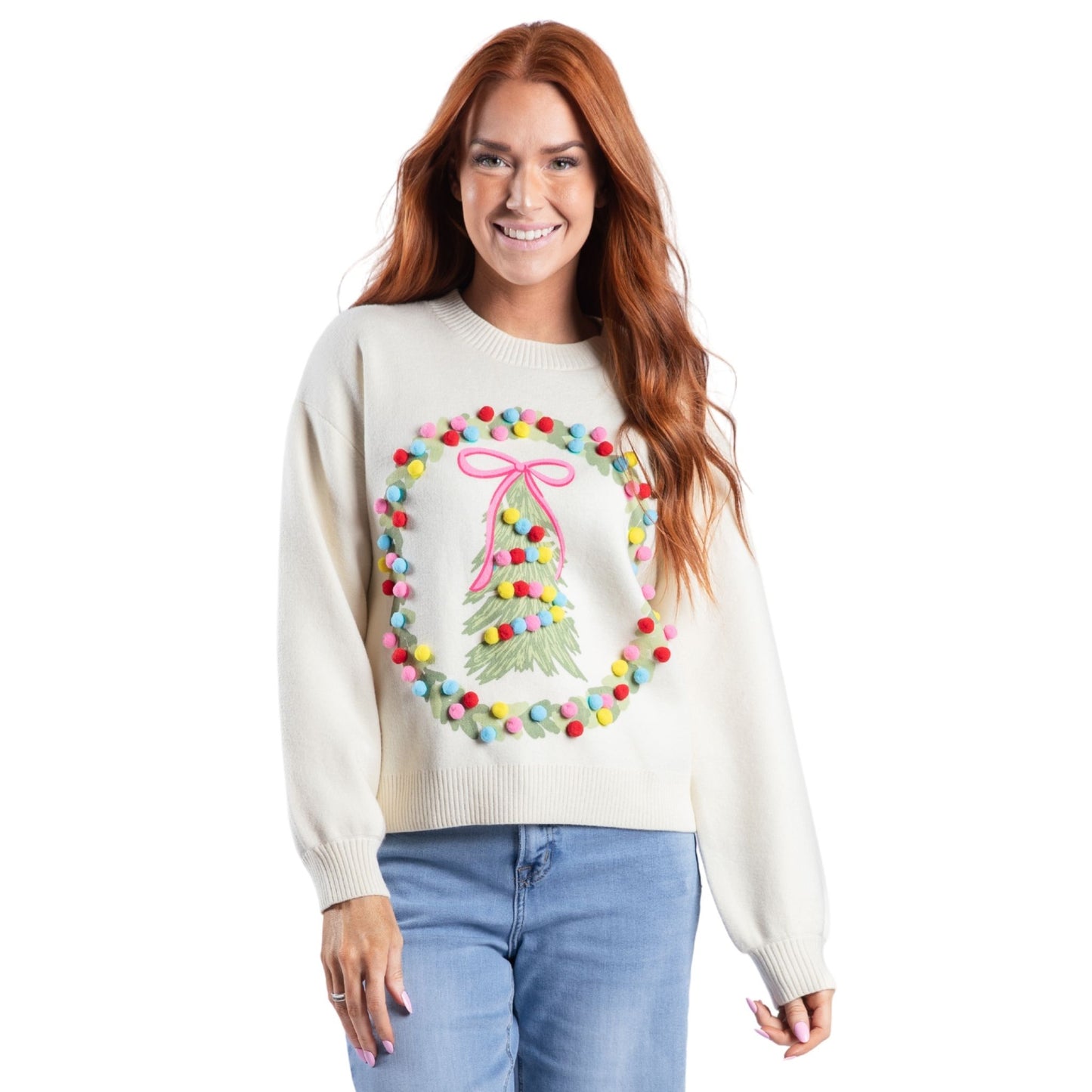 Pink Christmas Cheer Cream Crew Neck Sweater S