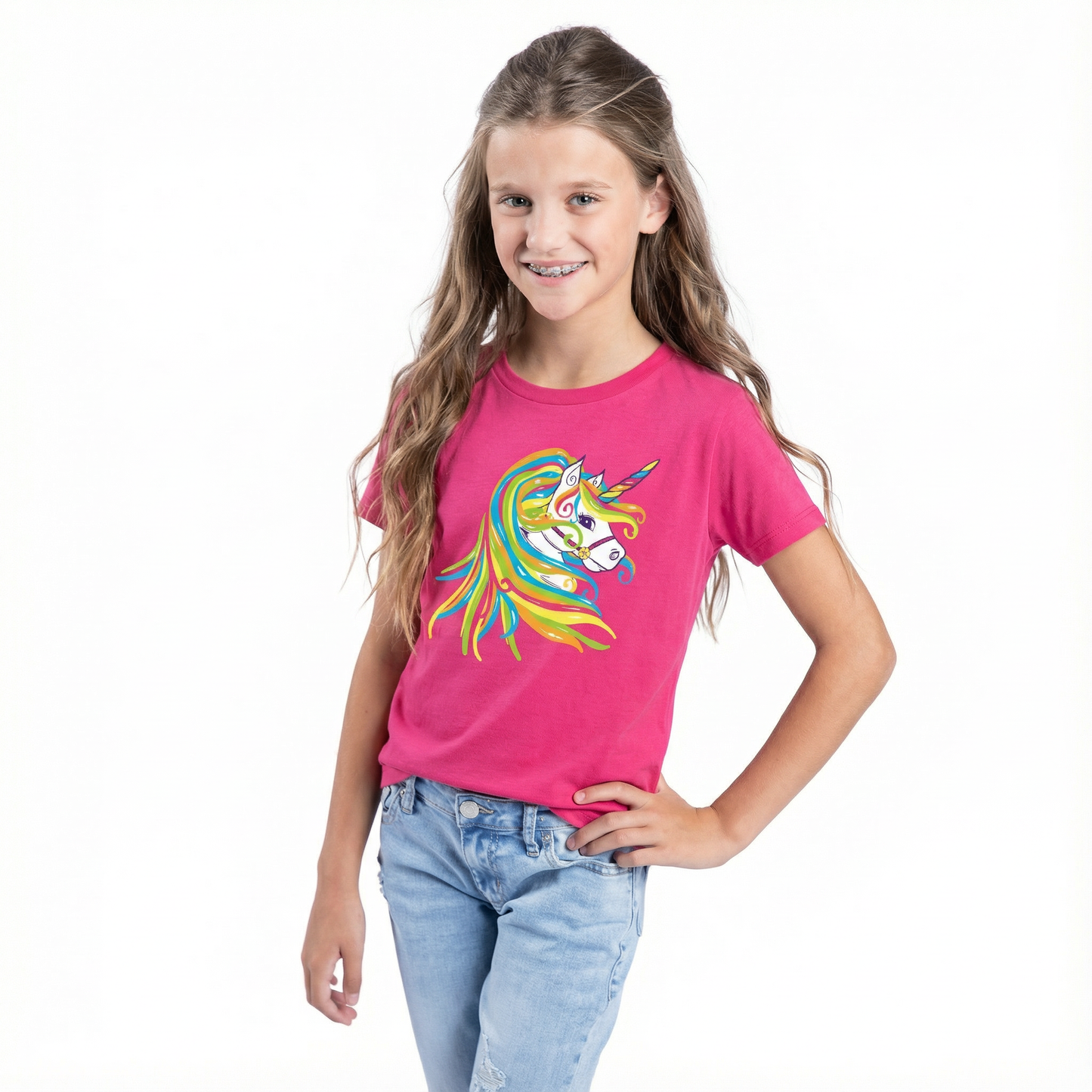 Kids Unicorn T-Shirt - Hot Pink Crew Neck Tee for Girls