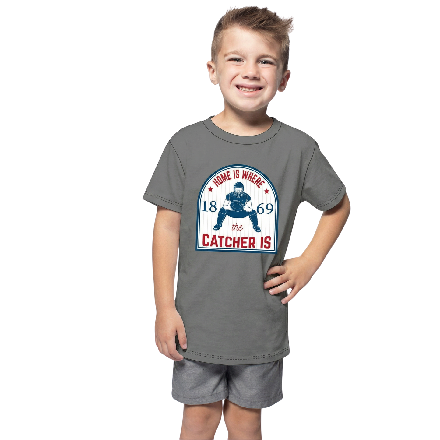 Kids Home Is Where The Catcher Is Baseball T-Shirt - Grey Crew Neck