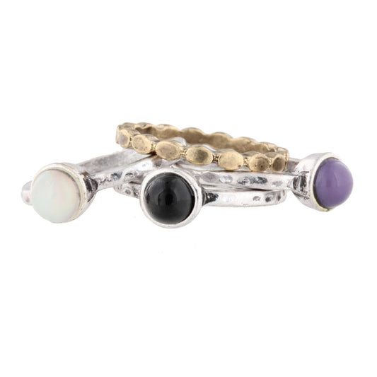 4 Mixed Metal Ring Stack, Purple Stone, Black Stone, Opal Stone and Accent Ring