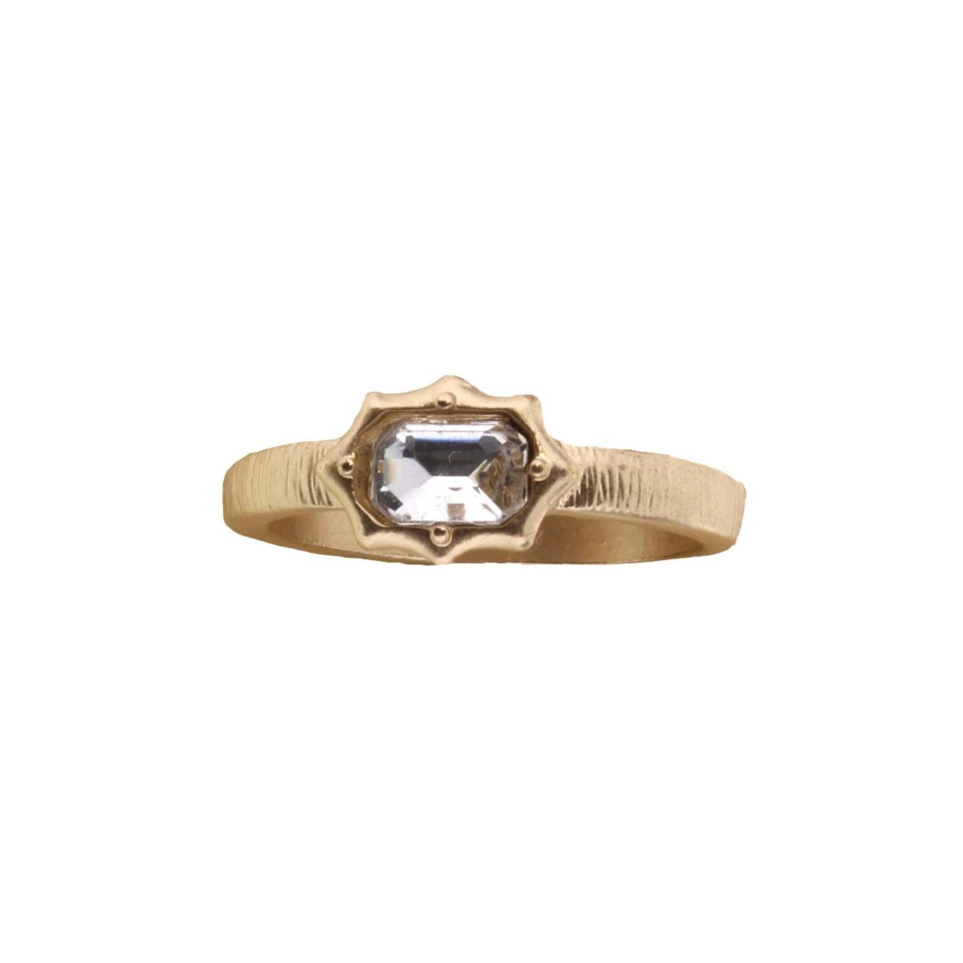 Gold Band with Clear Rounded Rectangle Crystal and Raised Edges Ring