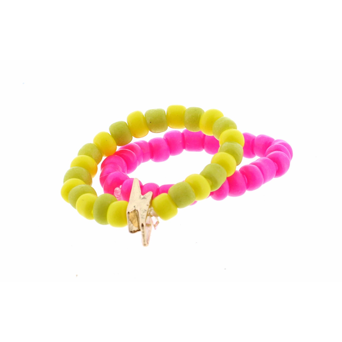 Kids Set of 2, Lime & Yellow Seed Bead with Bolt, Solid Hot Pink Ring