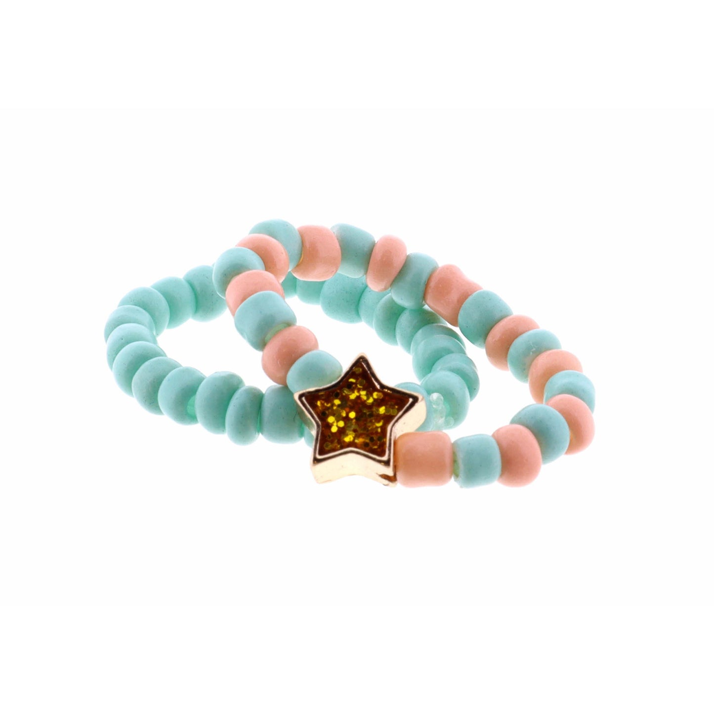 Kids Set of 2, Mint & Peach Seed Bead with Star, Solid Mint Ring