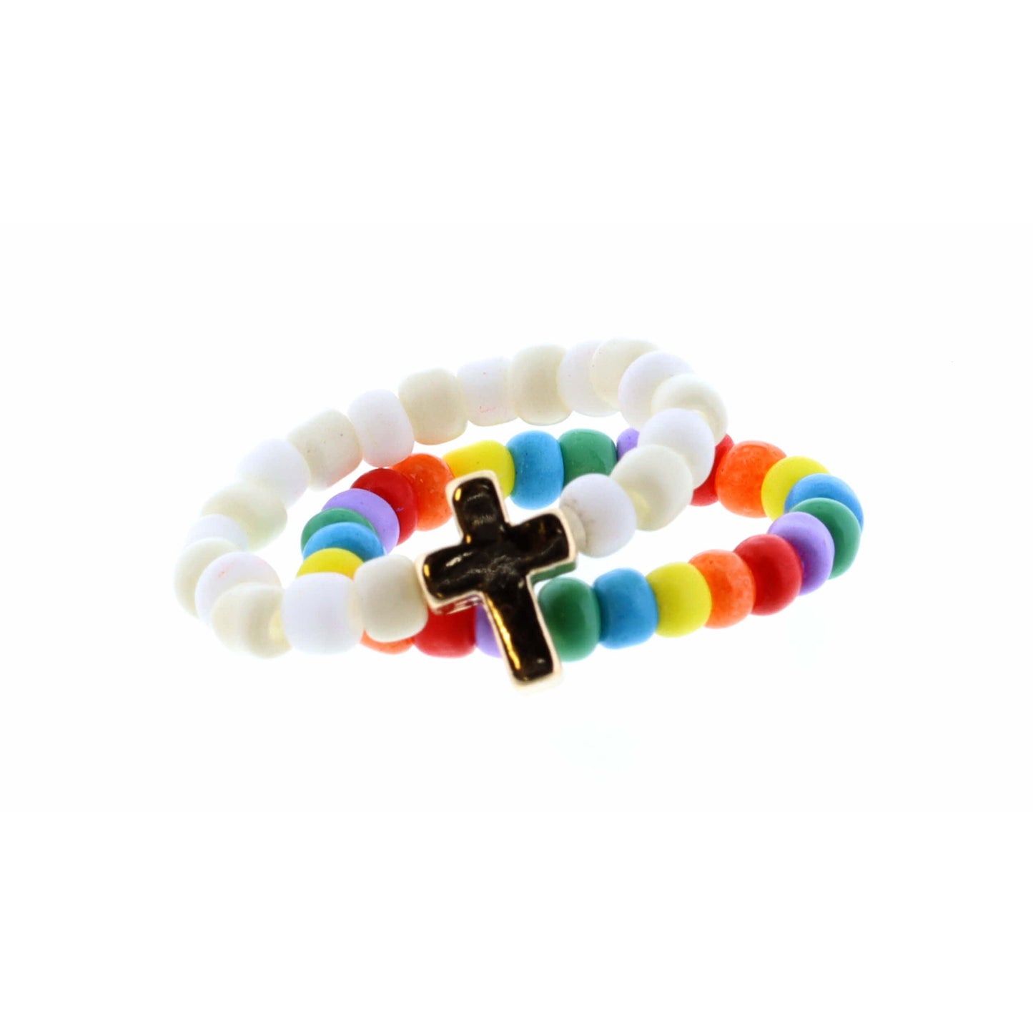 Kids Set of 2, Ivory Seed Bead with Cross, Rainbow Ring