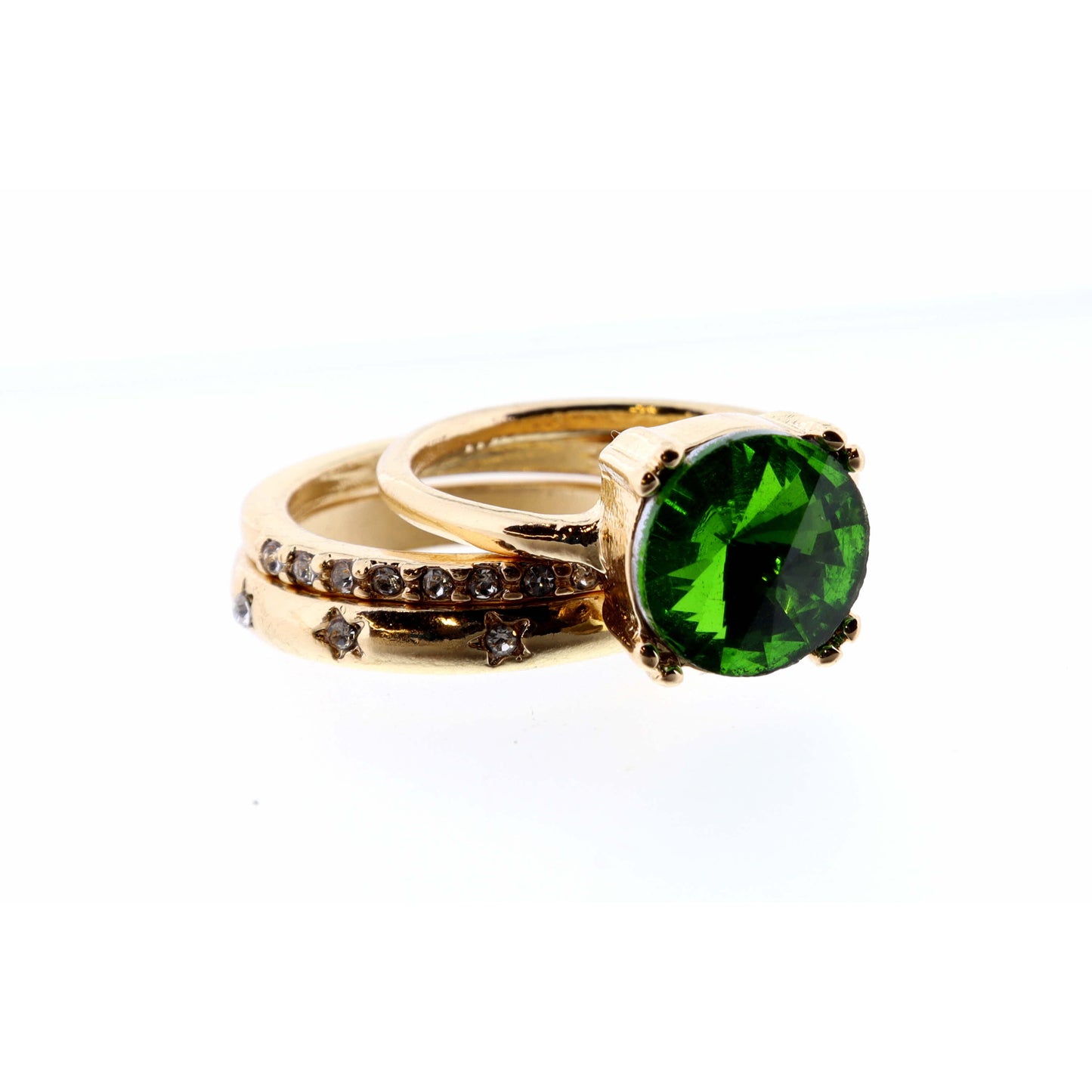 Set of 3, Emerald Circle and Clear Crystal & Gold Bands Ring
