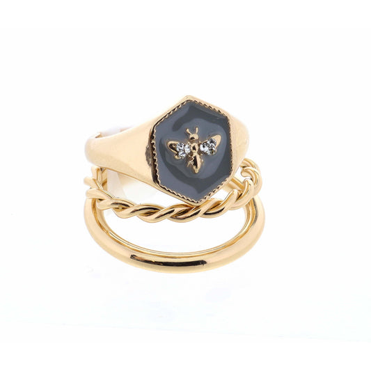 Stack of 2, Bee on Grey Hexagon & Two Layer Gold Ring