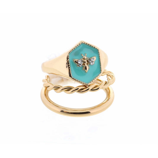 Stack of 2, Bee on Mint Hexagon & Two Layer Gold Ring